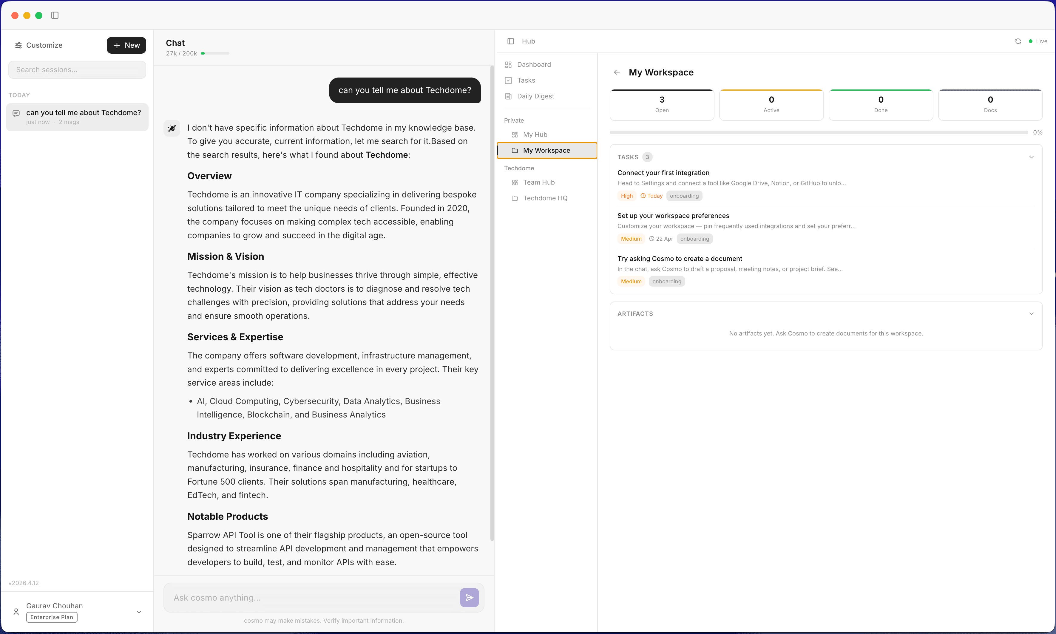 Cosmo workspace showing chat, sidebar, and Hub panels